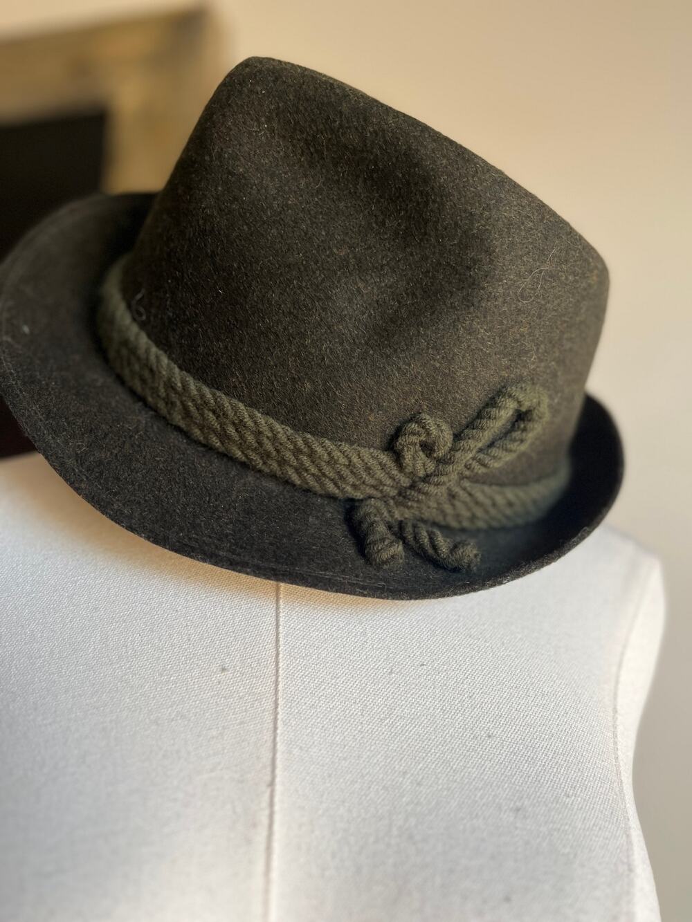 Vintage 50s Green Fedora Hat Wool Felt Braided Rope German Austria